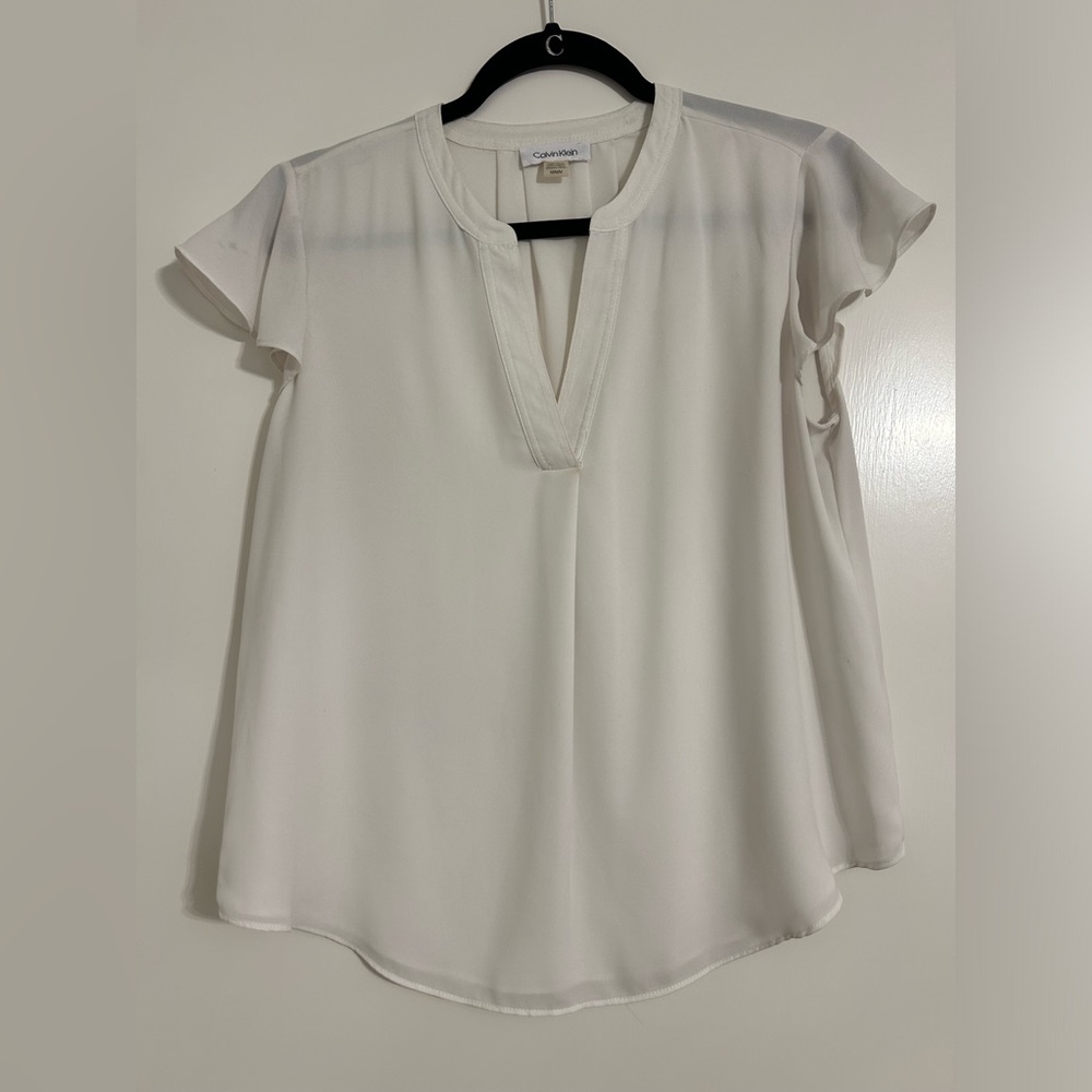 Calvin Klein Flutter-Sleeve Split-Neck White Top